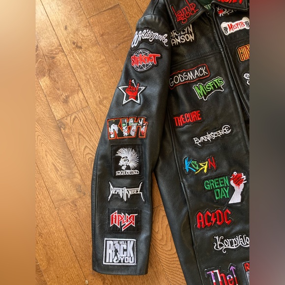 Danier Black Leather Jacket with Band Logos - Picture 2 of 8